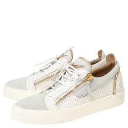 Giuseppe Zanotti White Croc Embossed Leather and Suede Frankie Low-Top Sneakers Size 43.5