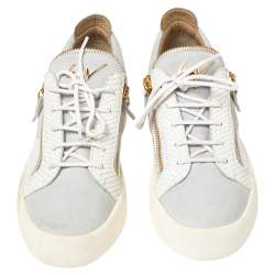 Giuseppe Zanotti White Croc Embossed Leather and Suede Frankie Low-Top Sneakers Size 43.5