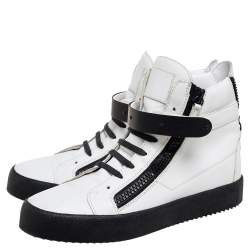 Pre Owned Giuseppe Zanotti White/Black Leather Zip Detail High-Top Sneakers Size 42