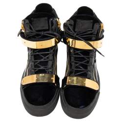 Pre Owned Giuseppe Zanotti  Navy Blue/Black Velvet And Patent Leather Coby High Top Sneakers Size 44