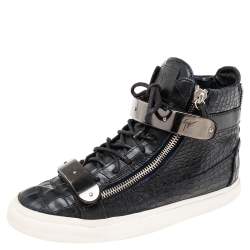 Pre Owned Giuseppe Zanotti Black/Blue Croc Embossed Leather Coby High-Top Sneakers Size 42