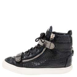 Pre Owned Giuseppe Zanotti Black/Blue Croc Embossed Leather Coby High-Top Sneakers Size 42