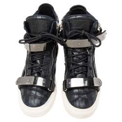 Pre Owned Giuseppe Zanotti Black/Blue Croc Embossed Leather Coby High-Top Sneakers Size 42