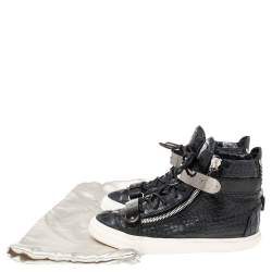 Pre Owned Giuseppe Zanotti Black/Blue Croc Embossed Leather Coby High-Top Sneakers Size 42