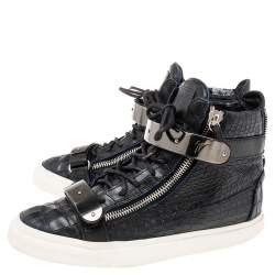 Pre Owned Giuseppe Zanotti Black/Blue Croc Embossed Leather Coby High-Top Sneakers Size 42