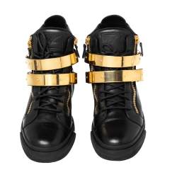Pre Owned Giuseppe Zanotti Black Leather Double Buckle London High-Top Sneakers Size 43