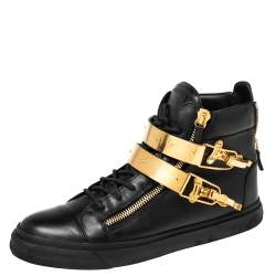 Pre Owned Giuseppe Zanotti Black Leather Double Buckle London High-Top Sneakers Size 43