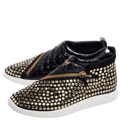 Pre Owned Giuseppe Zanotti Black Suede And Croc Embossed Patent Leather Embellished Zip Detail Sneakers Size 43