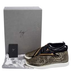 Pre Owned Giuseppe Zanotti Black Suede And Croc Embossed Patent Leather Embellished Zip Detail Sneakers Size 43