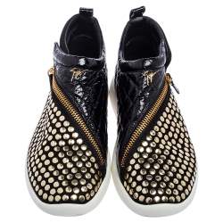 Pre Owned Giuseppe Zanotti Black Suede And Croc Embossed Patent Leather Embellished Zip Detail Sneakers Size 43