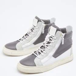 Giuseppe Zanotti Grey/White Perforated Leather And Suede Double Zip High Top Sneakers Size 40