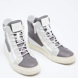 Giuseppe Zanotti Grey/White Perforated Leather And Suede Double Zip High Top Sneakers Size 40
