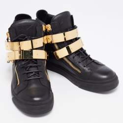 Pre Owned Giuseppe Zanotti Black Leather Double Metal Strap High-Top Sneakers Size 41 