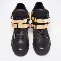 Pre Owned Giuseppe Zanotti Black Leather Double Metal Strap High-Top Sneakers Size 41 