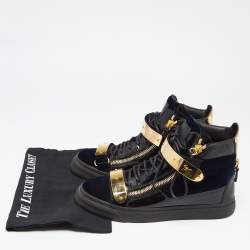 Pre Owned Giuseppe Zanotti Blue/Back Velvet And Leather Coby High Top Sneakers Size 41