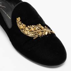Pre Owned Giuseppe Zanotti Black Velvet Crystal Embellished Smoking Slippers Size 42.5