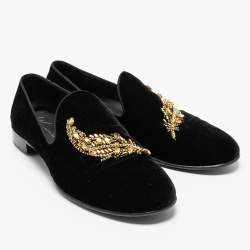 Pre Owned Giuseppe Zanotti Black Velvet Crystal Embellished Smoking Slippers Size 42.5