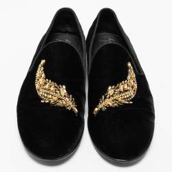 Pre Owned Giuseppe Zanotti Black Velvet Crystal Embellished Smoking Slippers Size 42.5