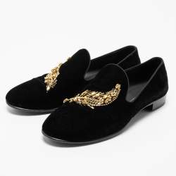 Pre Owned Giuseppe Zanotti Black Velvet Crystal Embellished Smoking Slippers Size 42.5