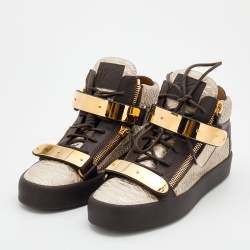 Pre Owned Giuseppe Zanotti Beige/Brown Python Embossed Leather Coby High Top Sneakers Size 42