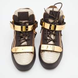 Pre Owned Giuseppe Zanotti Beige/Brown Python Embossed Leather Coby High Top Sneakers Size 42