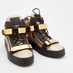Pre Owned Giuseppe Zanotti Beige/Brown Python Embossed Leather Coby High Top Sneakers Size 42
