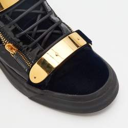 Pre Owned Giuseppe Zanotti Navy Blue/Black Velvet And Patent Leather Coby High Top Sneakers Size 42.5