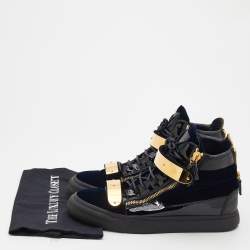Pre Owned Giuseppe Zanotti Navy Blue/Black Velvet And Patent Leather Coby High Top Sneakers Size 42.5