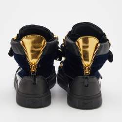 Pre Owned Giuseppe Zanotti Navy Blue/Black Velvet And Patent Leather Coby High Top Sneakers Size 42.5