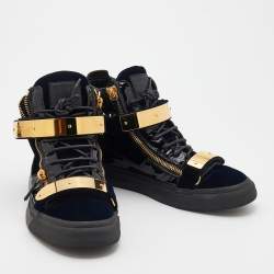 Pre Owned Giuseppe Zanotti Navy Blue/Black Velvet And Patent Leather Coby High Top Sneakers Size 42.5
