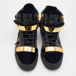Pre Owned Giuseppe Zanotti Navy Blue/Black Velvet And Patent Leather Coby High Top Sneakers Size 42.5