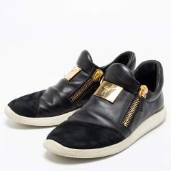Pre Owned Giuseppe Zanotti Black Suede And Leather Zipper Low Top Sneakers Size 46