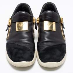 Pre Owned Giuseppe Zanotti Black Suede And Leather Zipper Low Top Sneakers Size 46