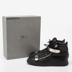 Pre Owned Giuseppe Zanotti Black Croc Embossed Leather Coby High Top Sneakers Size 46
