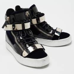 Giuseppe Zanotti Navy Blue/Black Velvet and Patent Leather Coby High-Top Sneakers Size 40