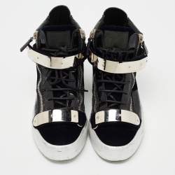Giuseppe Zanotti Navy Blue/Black Velvet and Patent Leather Coby High-Top Sneakers Size 40