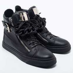 مملوكة مسبقًا Giuseppe Zanotti Black Leather Metal Chain Embellished London Lindos High Top Sneakers Size 44