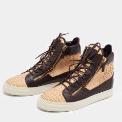 Pre Owned Giuseppe Zanotti Beige/Brown Woven and Leather High Top Sneakers Size 40