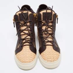 Pre Owned Giuseppe Zanotti Beige/Brown Woven and Leather High Top Sneakers Size 40