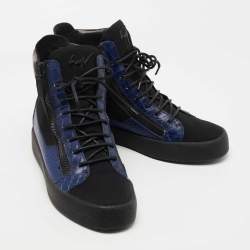 Giuseppe Zanotti Blue/Black Croc Embossed Leather and Fabric High Top Sneakers Size 43