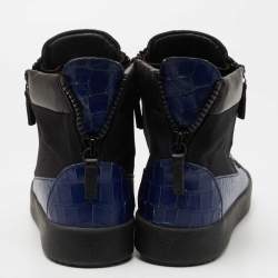 Giuseppe Zanotti Blue/Black Croc Embossed Leather and Fabric High Top Sneakers Size 43