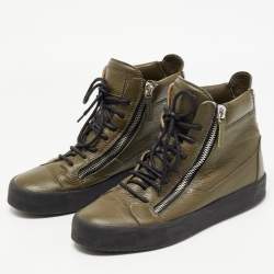 Pre Owned Giuseppe Zanotti Olive Green Leather Double Zip Sneakers Size 41.5  