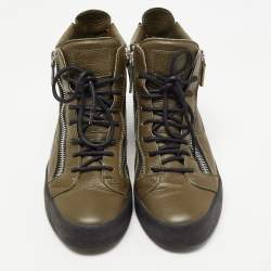 Pre Owned Giuseppe Zanotti Olive Green Leather Double Zip Sneakers Size 41.5  