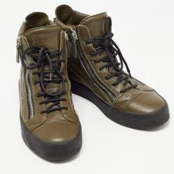 Pre Owned Giuseppe Zanotti Olive Green Leather Double Zip Sneakers Size 41.5  