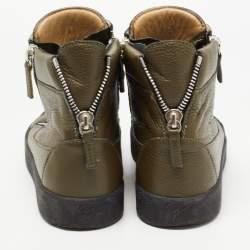 Pre Owned Giuseppe Zanotti Olive Green Leather Double Zip Sneakers Size 41.5  