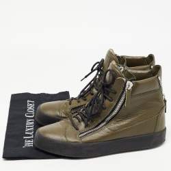 Pre Owned Giuseppe Zanotti Olive Green Leather Double Zip Sneakers Size 41.5  