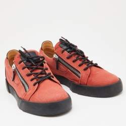 Gisueppe Zanotti Orange Canvas and Leather Double Zip Low Top Sneakers Size 43