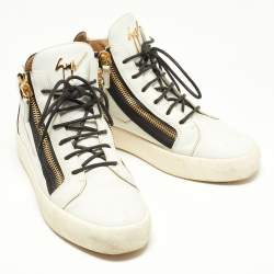 Pre Owned Giuseppe Zanotti White/Black Leather Double Zip Sneakers Size 41.5  