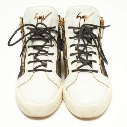 Pre Owned Giuseppe Zanotti White/Black Leather Double Zip Sneakers Size 41.5  