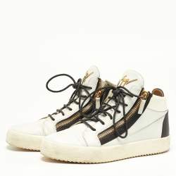 Pre Owned Giuseppe Zanotti White/Black Leather Double Zip Sneakers Size 41.5  